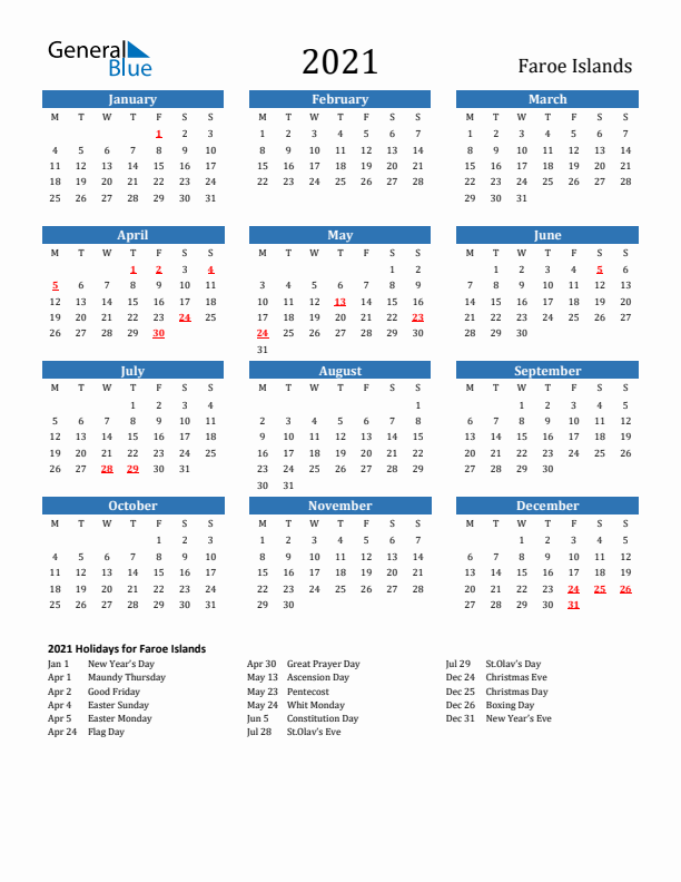 Faroe Islands 2021 Calendar with Holidays