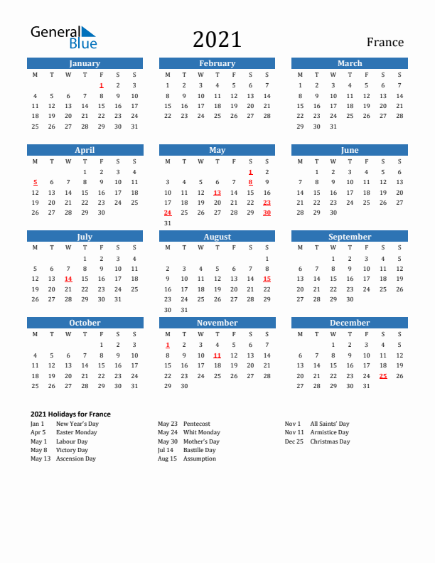 France 2021 Calendar with Holidays