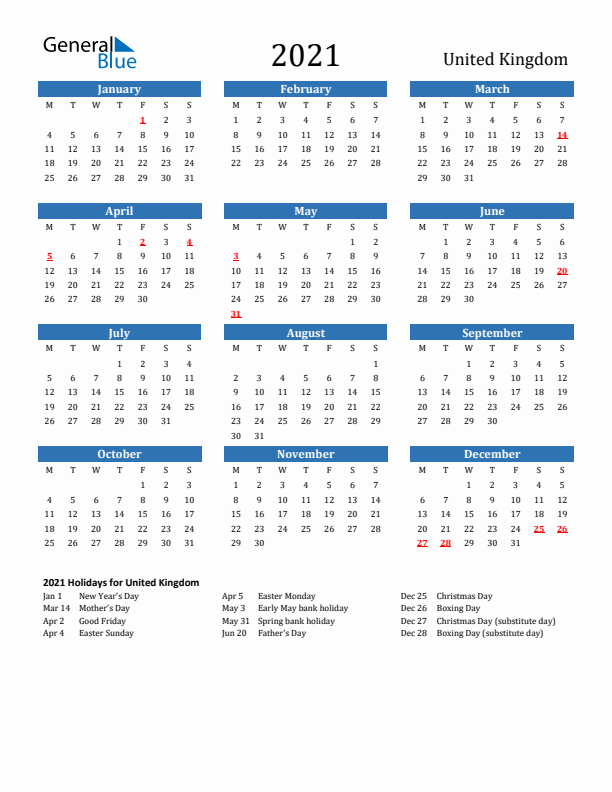 United Kingdom 2021 Calendar with Holidays