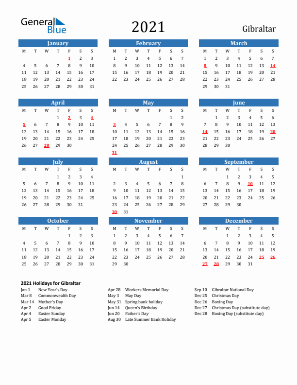 Gibraltar 2021 Calendar with Holidays