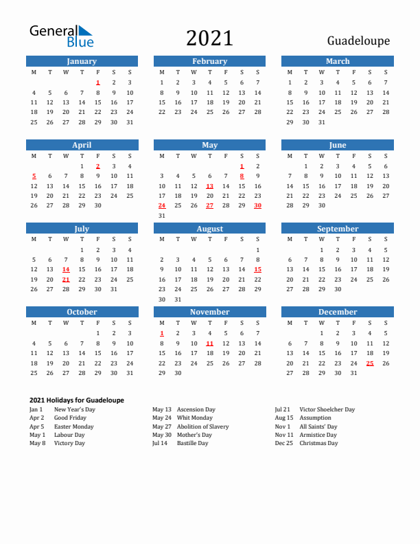 Guadeloupe 2021 Calendar with Holidays