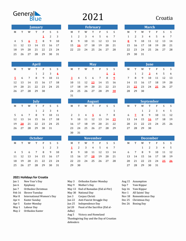 Croatia 2021 Calendar with Holidays