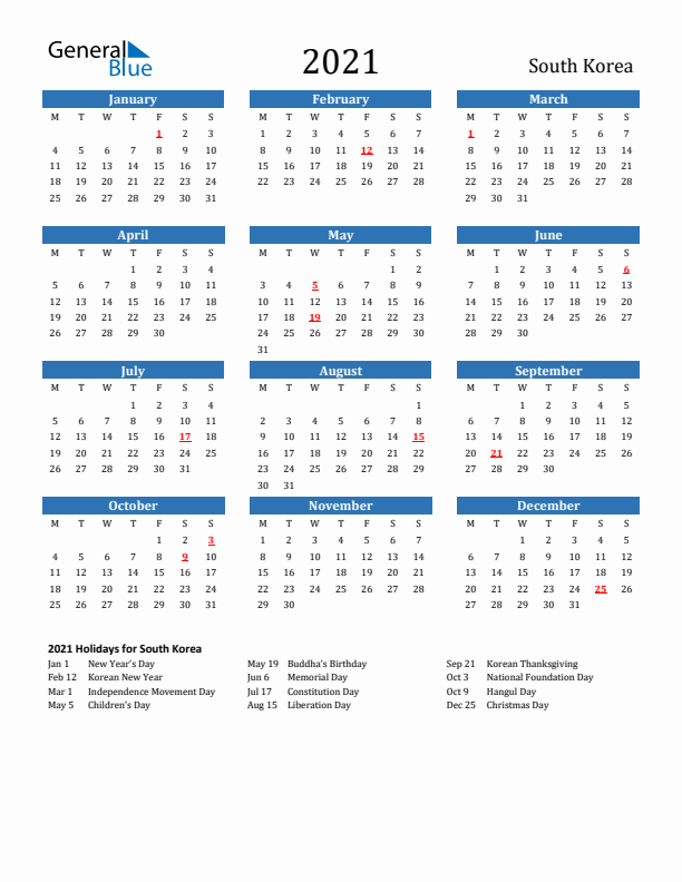 South Korea 2021 Calendar with Holidays