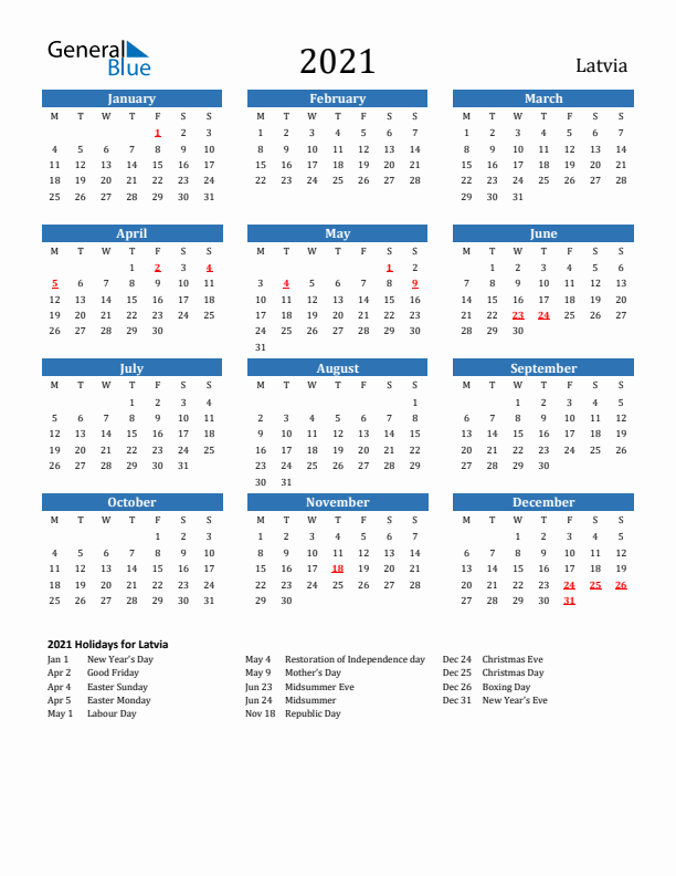 Latvia 2021 Calendar with Holidays