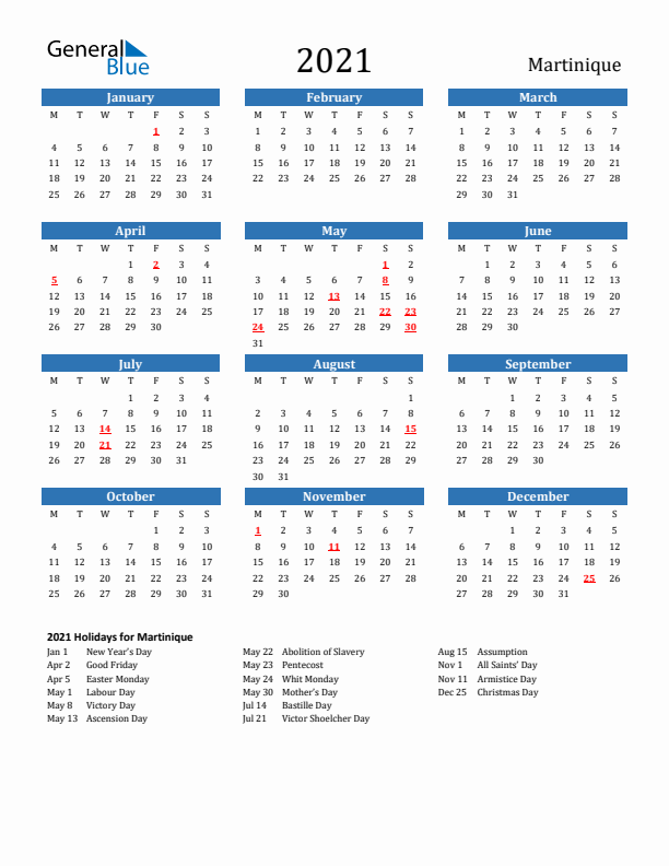 Martinique 2021 Calendar with Holidays