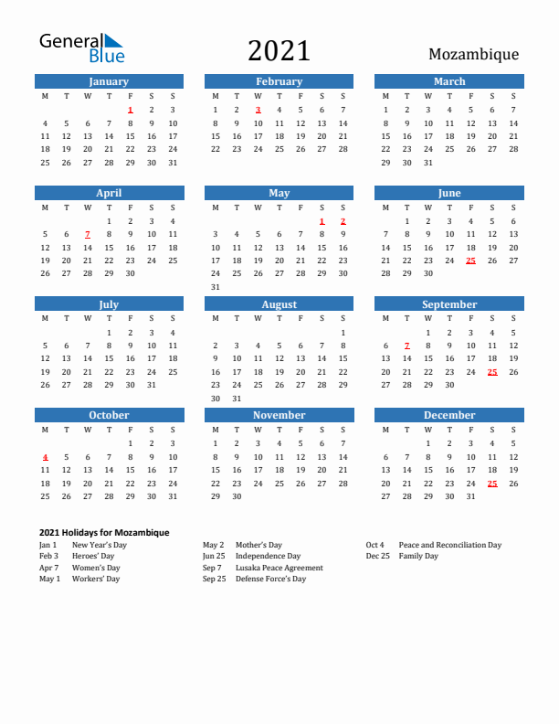 Mozambique 2021 Calendar with Holidays
