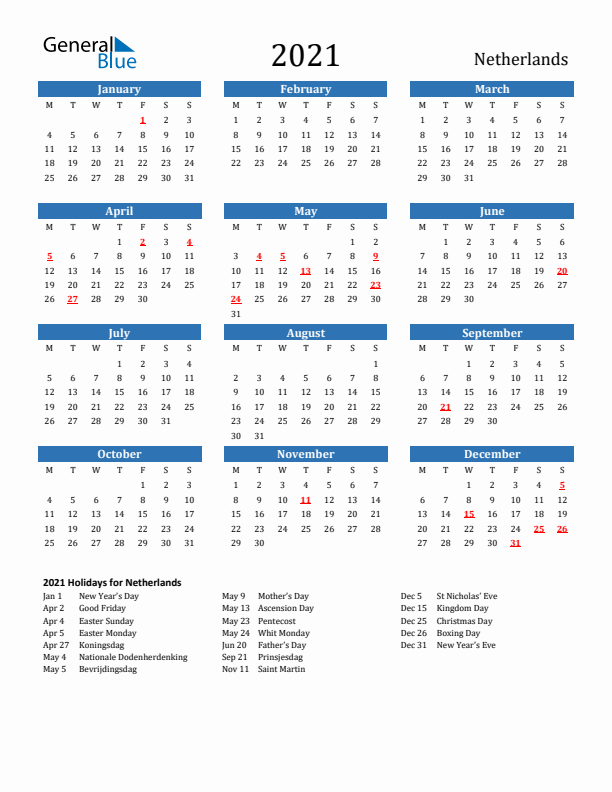 The Netherlands 2021 Calendar with Holidays