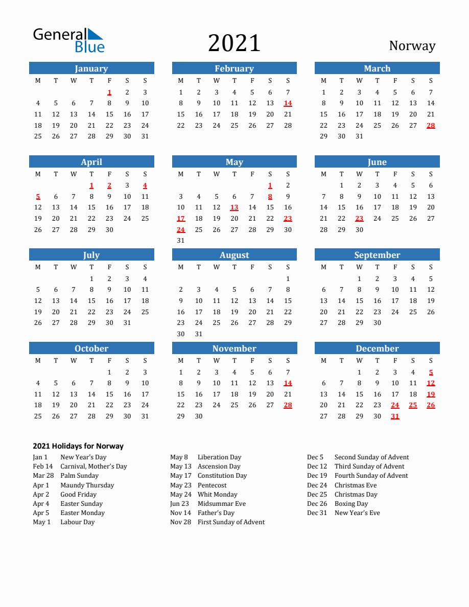 Norway 2021 Calendar With Holidays