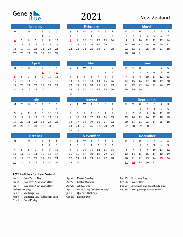 New Zealand 2021 Calendar with Holidays