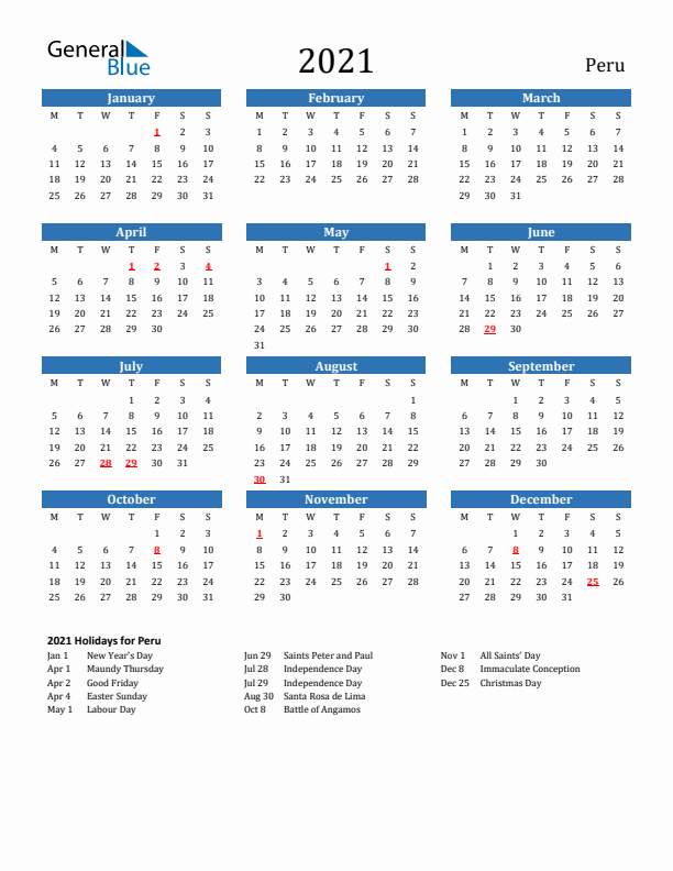 Peru 2021 Calendar with Holidays