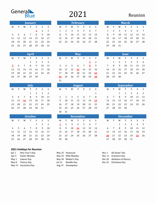 Reunion 2021 Calendar with Holidays