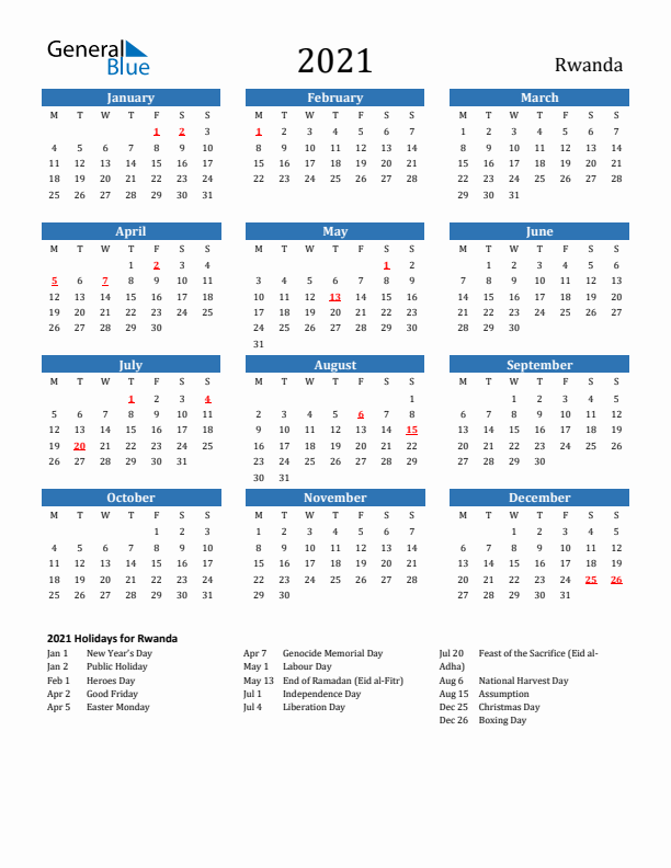 Rwanda 2021 Calendar with Holidays