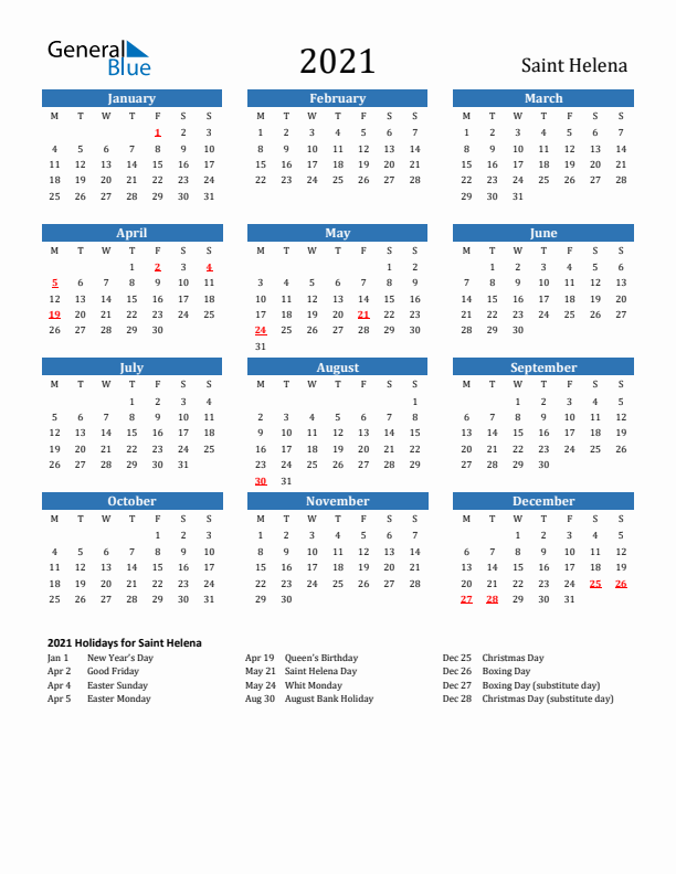 Saint Helena 2021 Calendar with Holidays