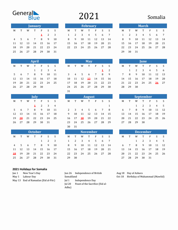 Somalia 2021 Calendar with Holidays