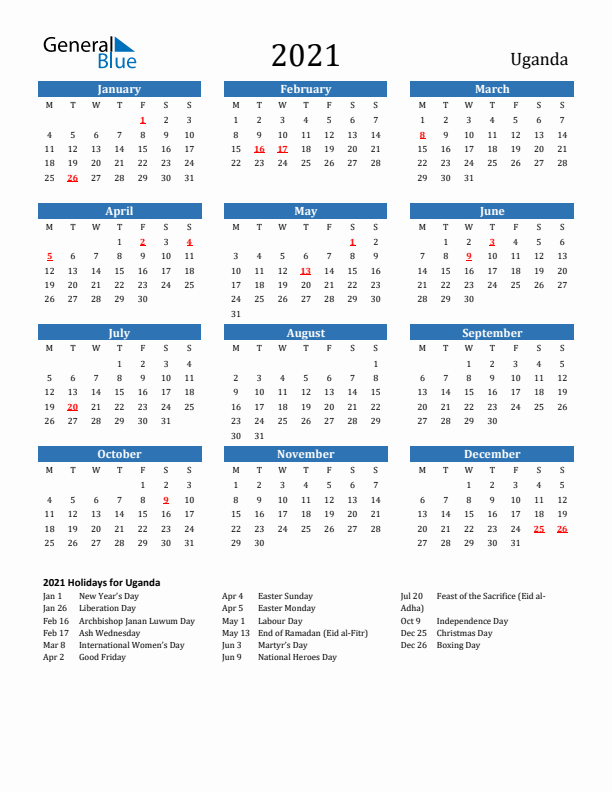 Uganda 2021 Calendar with Holidays