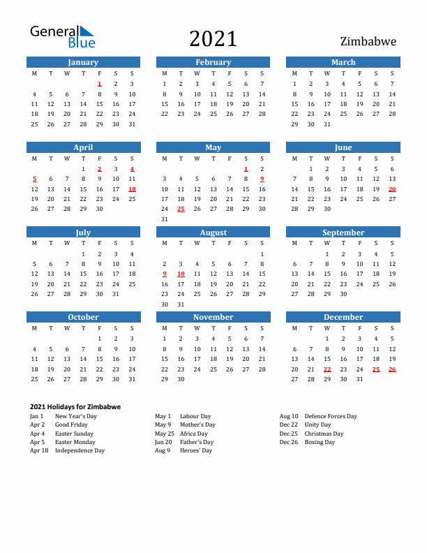 Zimbabwe 2021 Calendar with Holidays