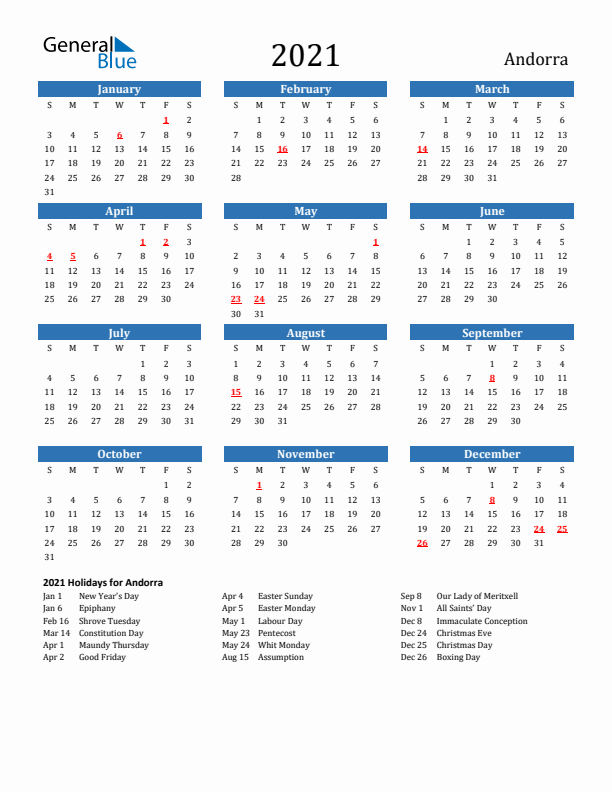 Andorra 2021 Calendar with Holidays