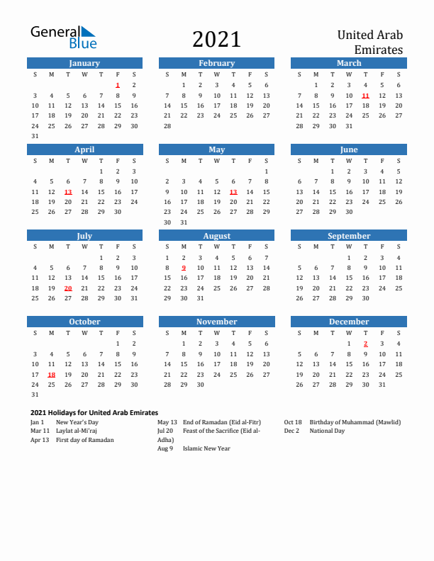 United Arab Emirates 2021 Calendar with Holidays