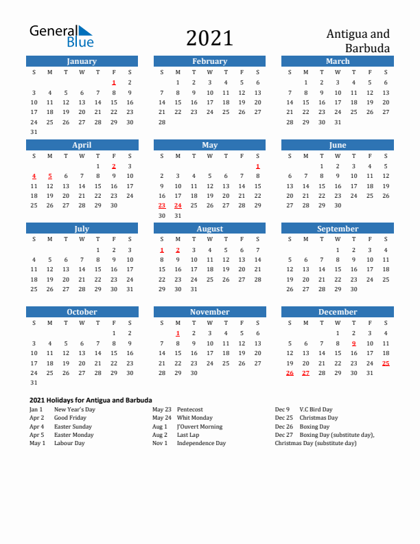 Antigua and Barbuda 2021 Calendar with Holidays