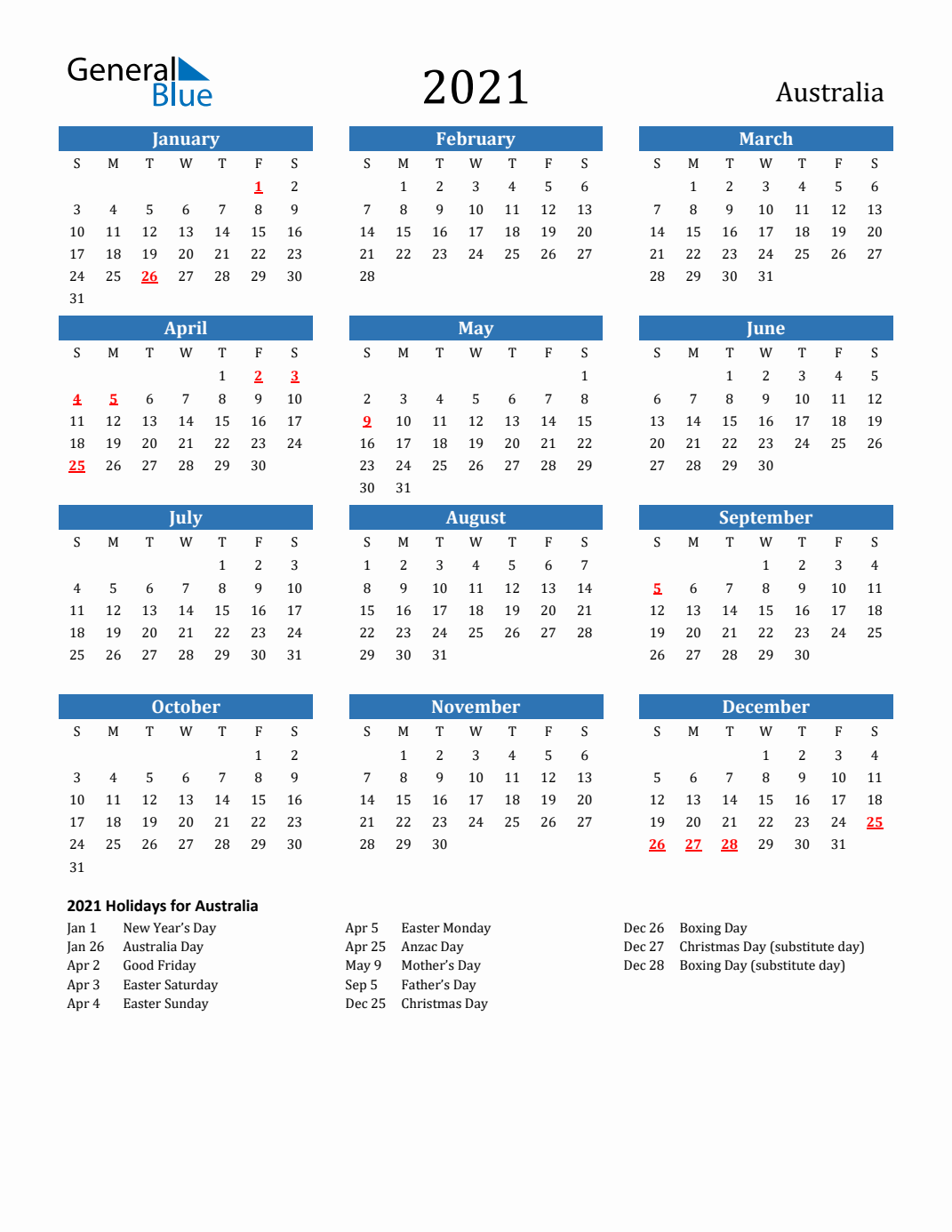 2021 Australia Calendar with Holidays