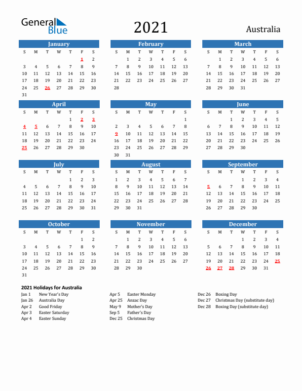 Australia 2021 Calendar with Holidays
