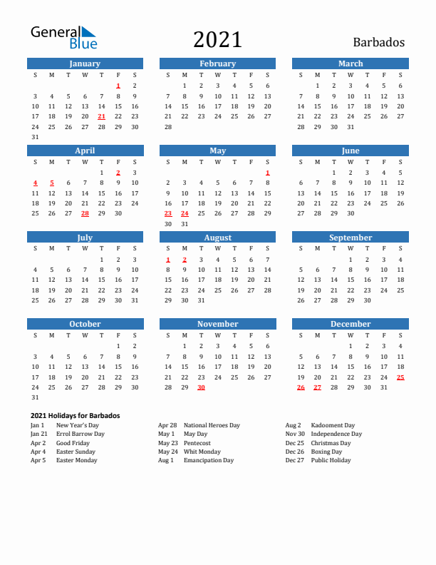Barbados 2021 Calendar with Holidays