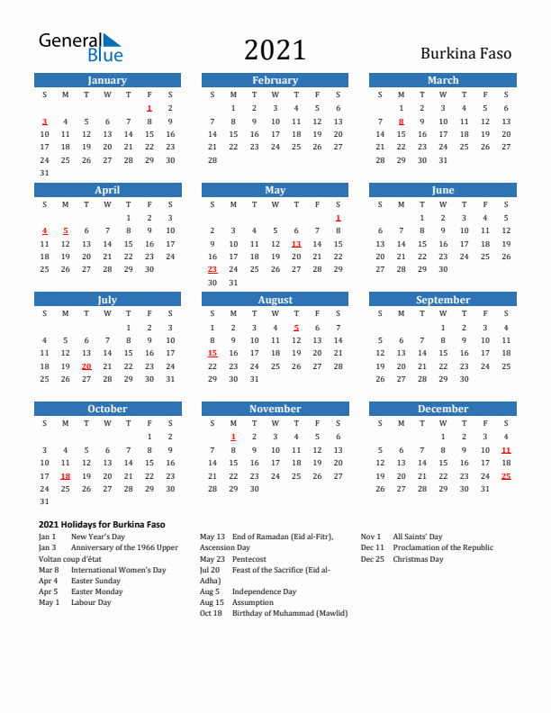 Burkina Faso 2021 Calendar with Holidays