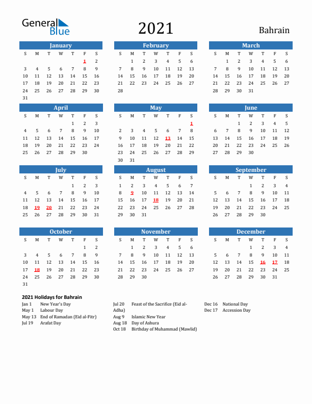 Bahrain 2021 Calendar with Holidays