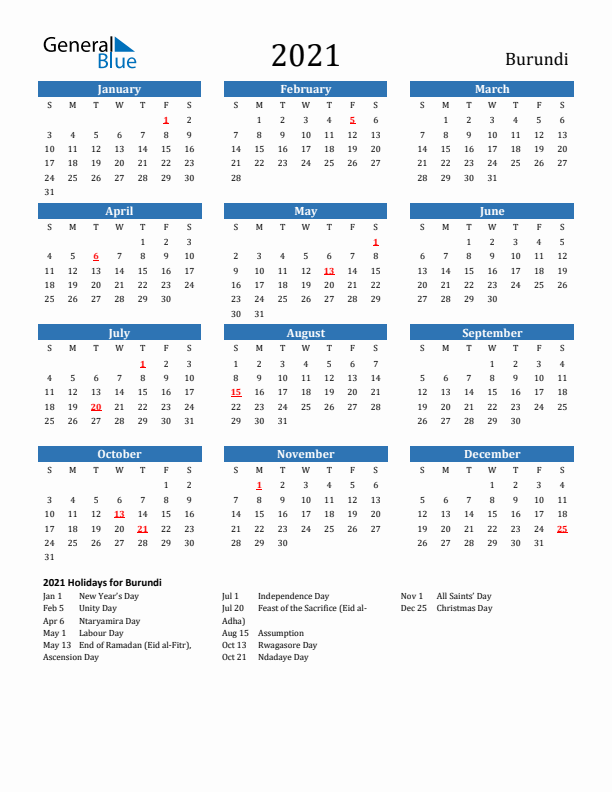 Burundi 2021 Calendar with Holidays