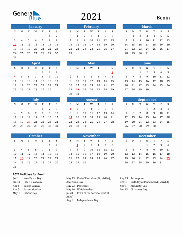Benin 2021 Calendar with Holidays
