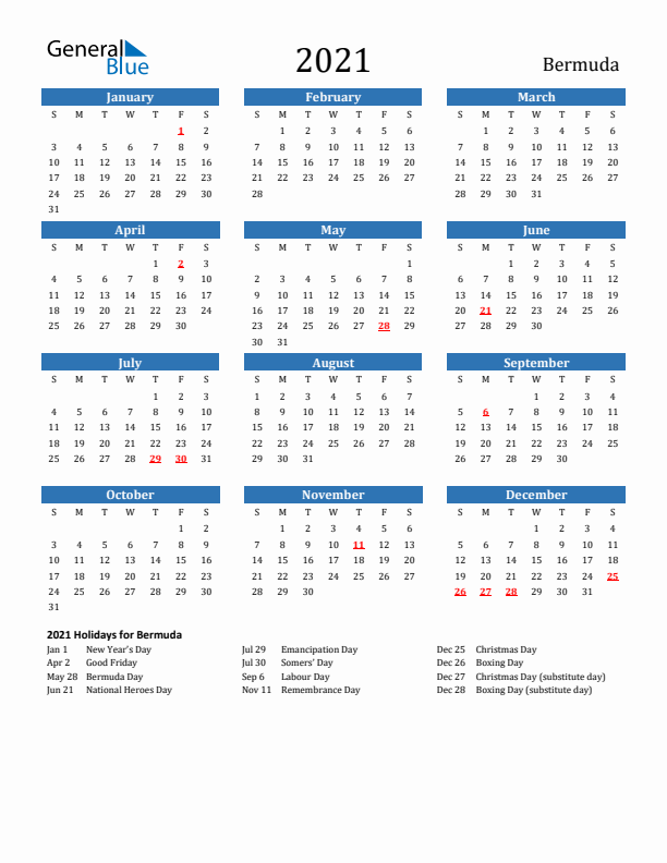 Bermuda 2021 Calendar with Holidays