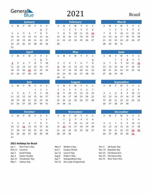 Brazil 2021 Calendar with Holidays