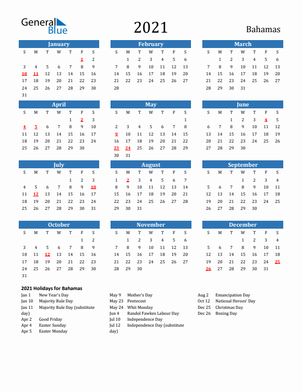 Bahamas 2021 Calendar with Holidays