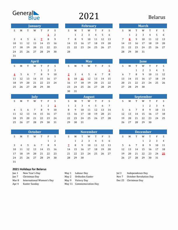 Belarus 2021 Calendar with Holidays