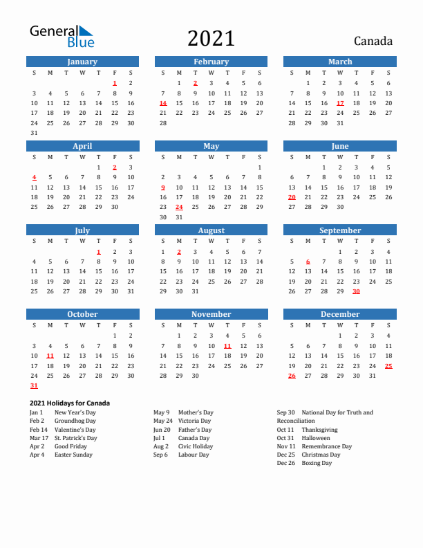 Canada 2021 Calendar with Holidays