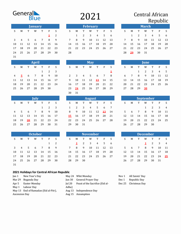 Central African Republic 2021 Calendar with Holidays