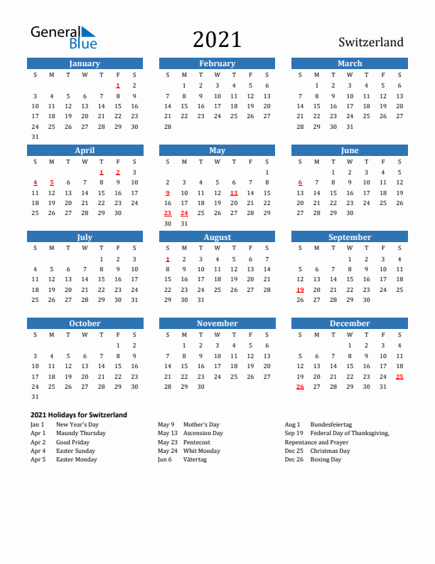 Switzerland 2021 Calendar with Holidays