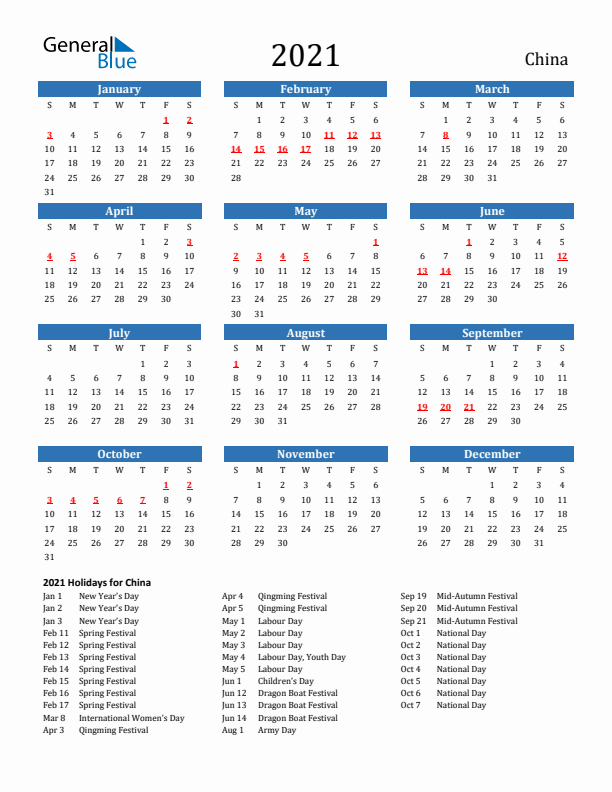 China 2021 Calendar with Holidays