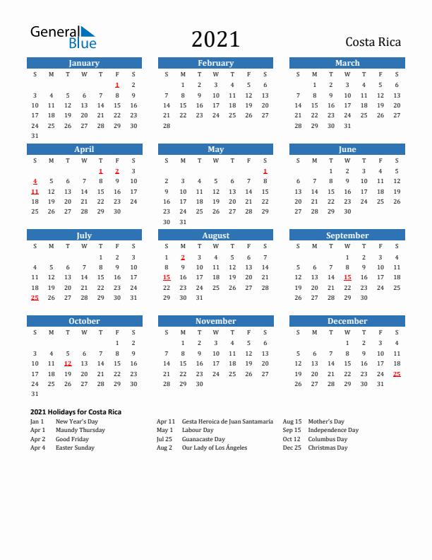 Costa Rica 2021 Calendar with Holidays