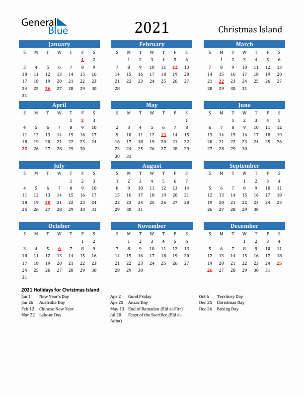 Christmas Island 2021 Calendar with Holidays
