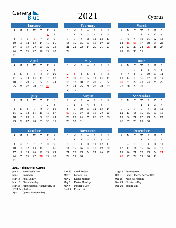 Cyprus 2021 Calendar with Holidays