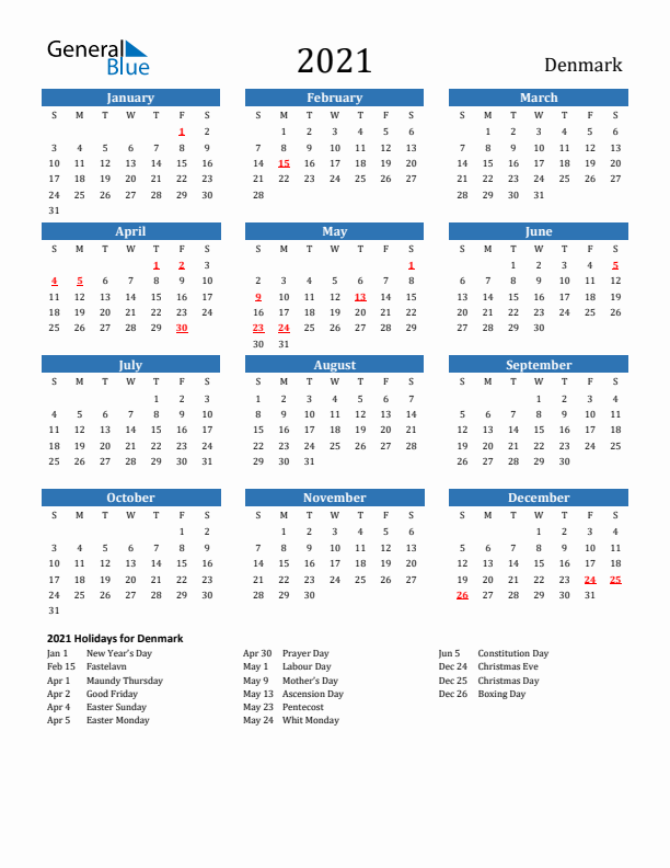 Denmark 2021 Calendar with Holidays