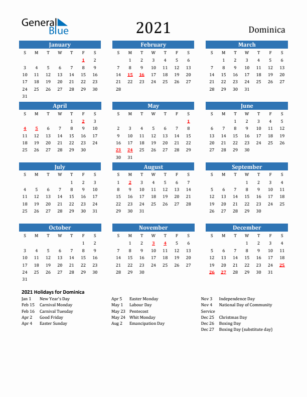 Dominica 2021 Calendar with Holidays