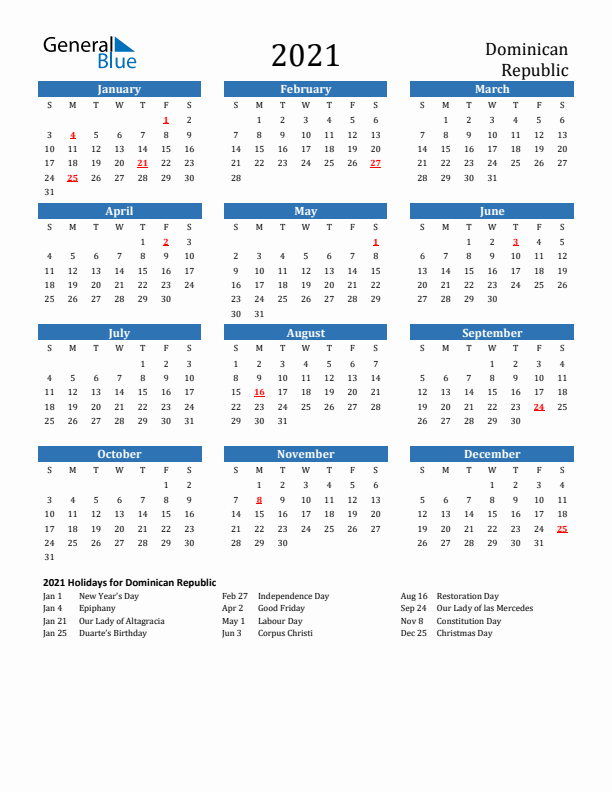 Dominican Republic 2021 Calendar with Holidays