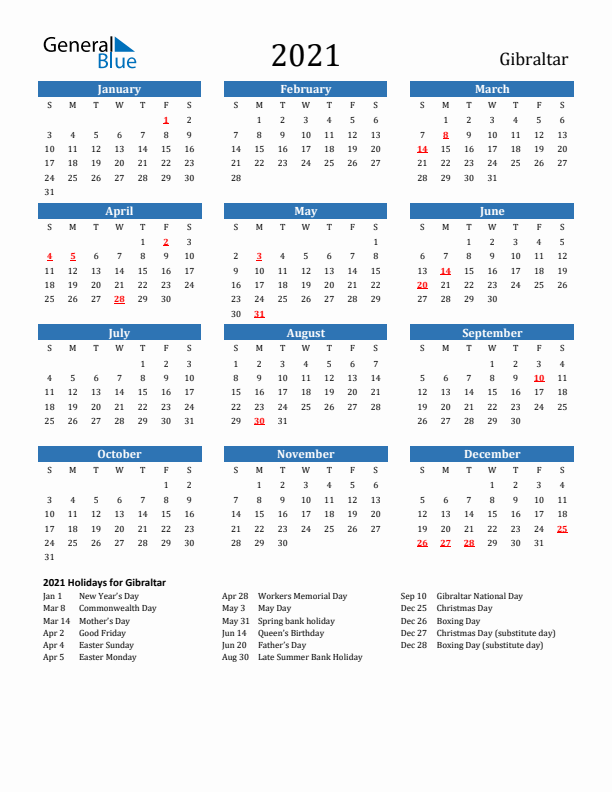 Gibraltar 2021 Calendar with Holidays