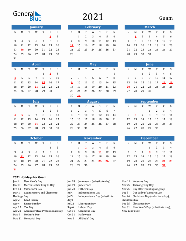 Guam 2021 Calendar with Holidays