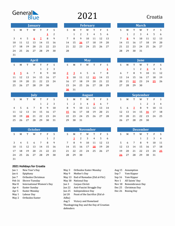 Croatia 2021 Calendar with Holidays