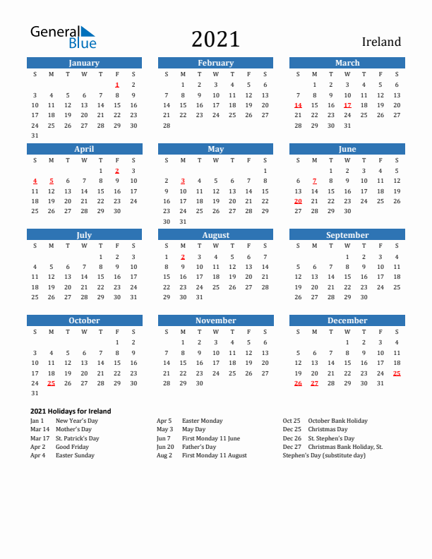 Ireland 2021 Calendar with Holidays