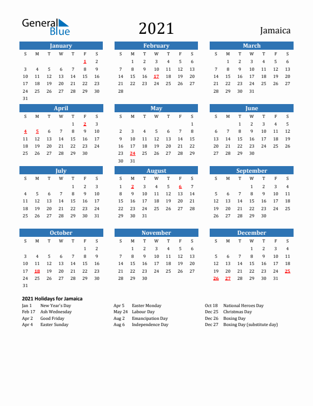 Jamaica 2021 Calendar with Holidays