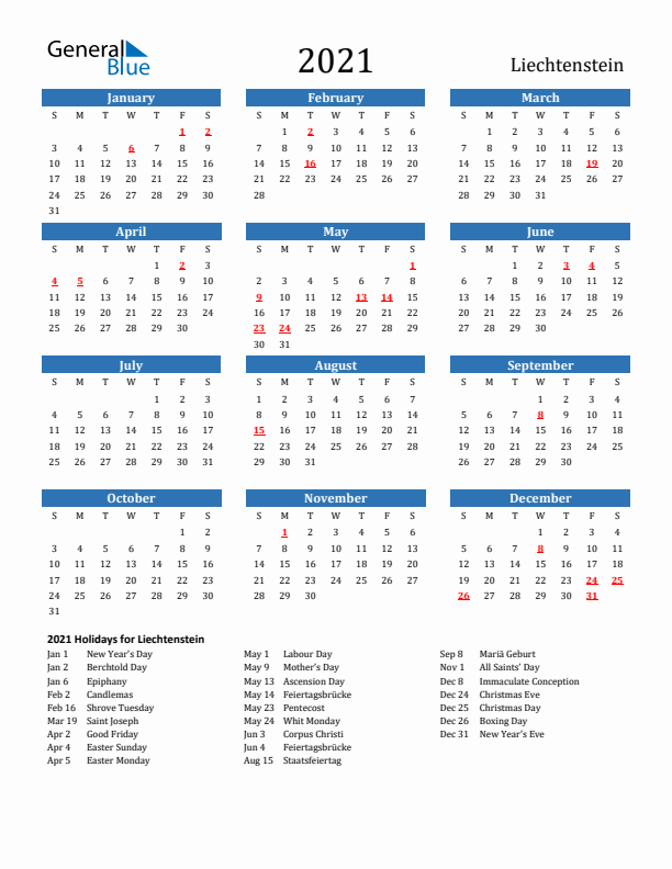 Liechtenstein 2021 Calendar with Holidays